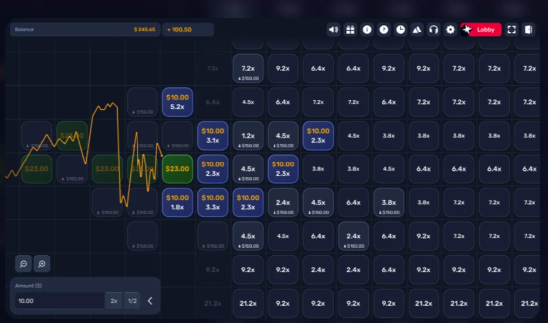 Arrow Chase gameplay screenshot — arrow moving across multiplier grid